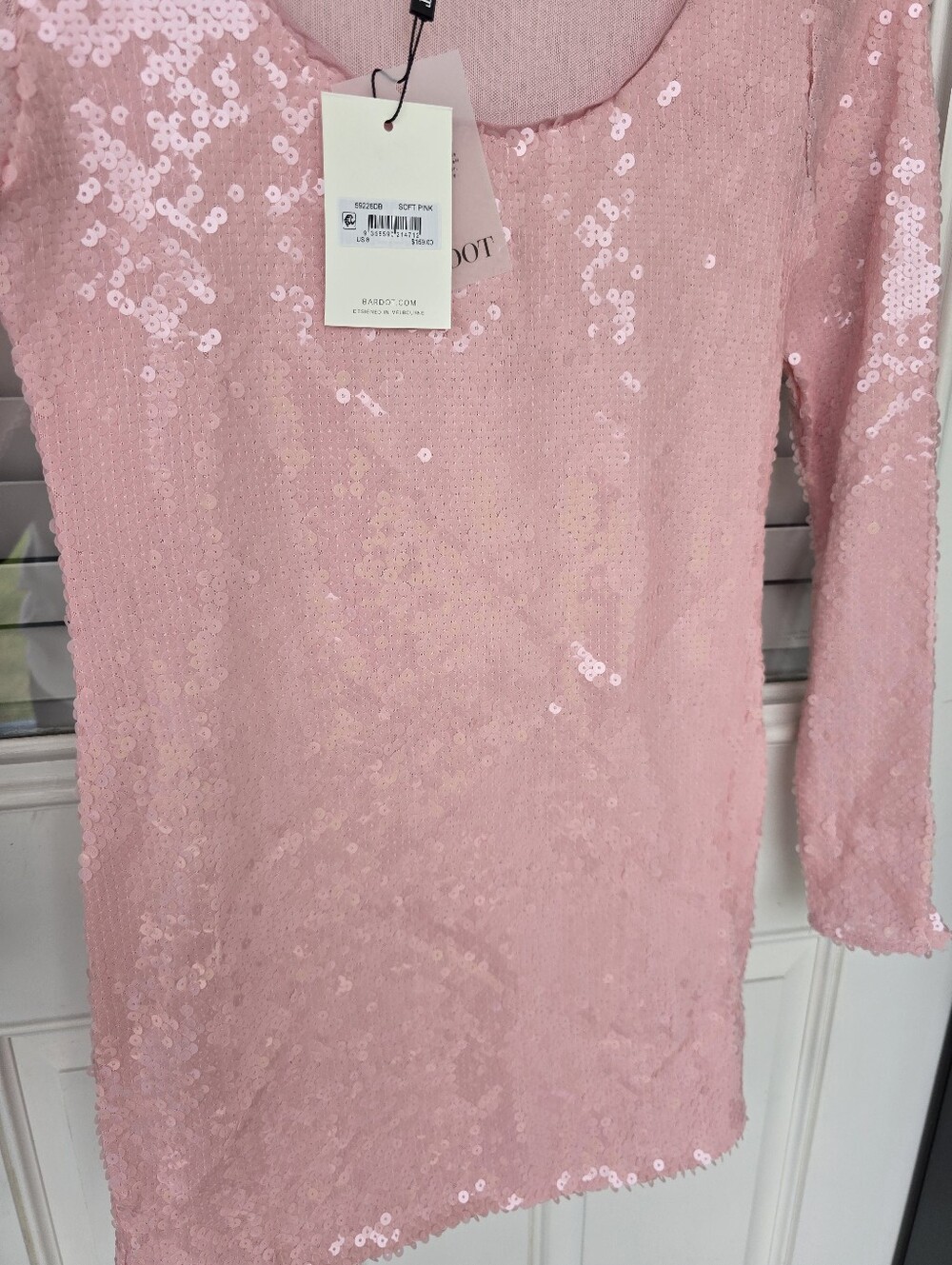 Anthropologie Bardot Pink Sequin Dress Sz S Long Sleeve Scoop Neck Cocktail NWT - Picture 8 of 10